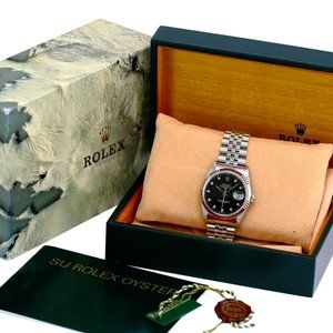 ROLEX MENS DATEJUST FACTORY BLACK DIAMOND DIAL 18K BEZEL 36MM WATCH REF#16234